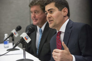 Russell Moore, president of the Southern Baptist Ethics & Religious Liberty Commission, and Steve Gaines, left, pastor of Bellevue Baptist Church in Cordova, Tenn., and chairman of the SBC Resolutions Committee, answer questions during a June 16 press conference on resolutions passed by messengers to the Southern Baptist Convention annual meeting at the Greater Columbus Convention Center in Columbus, Ohio. - Photo by Bill Bangham
