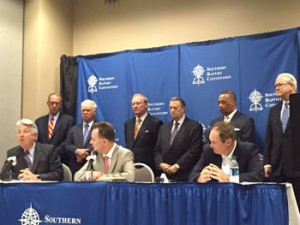 Ronnie Floyd, SBC president, seated, left of center, and past SBC presidents participate in a June 17 press conference on their statement on marriage and religious liberty. Jack Graham, far left, senior pastor, Prestonwood Baptist Church, Plano, Texas, is speaking.