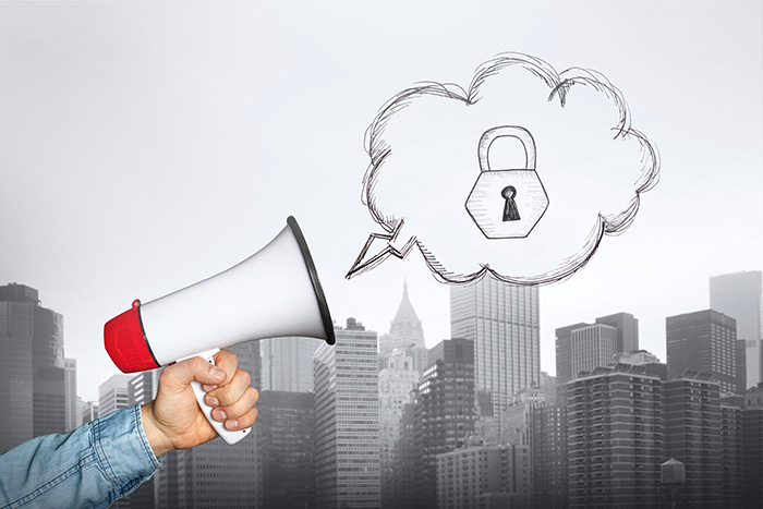 megaphone, media, speech bubble, padlock, safety, data, information medium